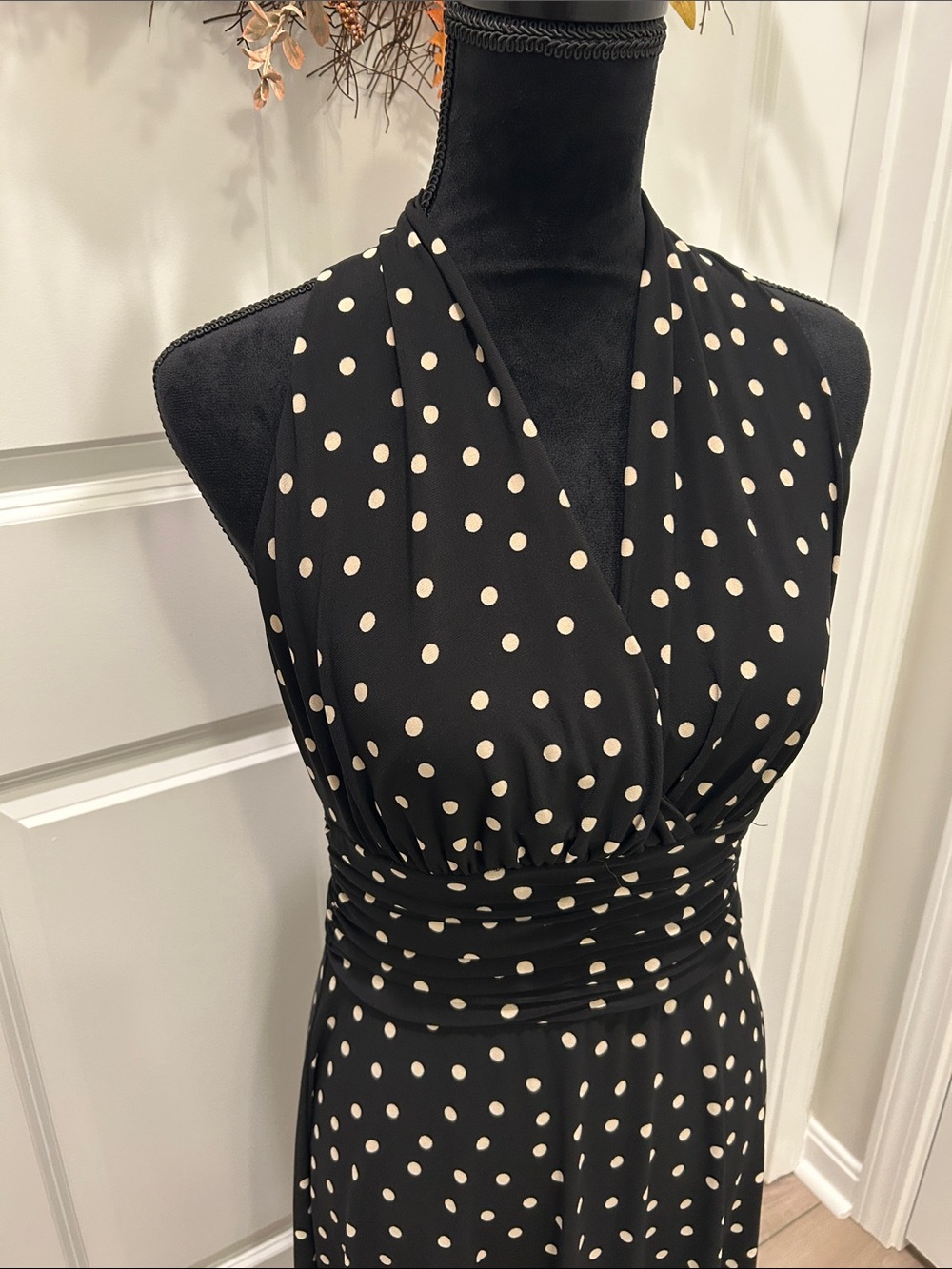 Black With Cream Polka Dot Halter Midi Dress Size 6 by Van Picone - Picture 3 of 12